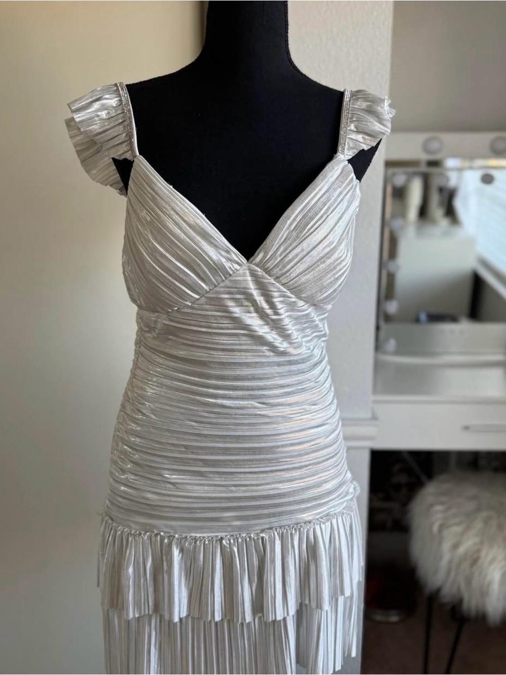 Morgan & Co. Silver Metallic Pleated Mini Dress with Ruffle Straps